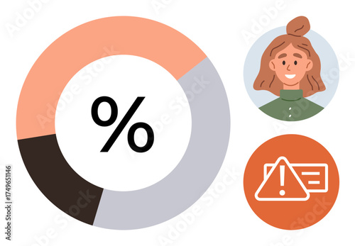 Circular percentage chart, smiling female portrait, and warning alert icon. Ideal for data analysis, statistics, user feedback, risk management, error reporting, digital dashboards communication