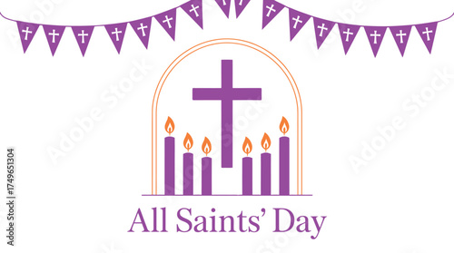 all saints' day icon with purple cross, candles, and festive pennants, christian holiday symbol for remembrance, faith, and celebration
