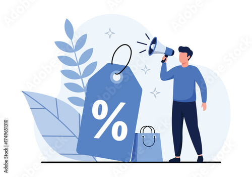 Illustration of a man with a megaphone announcing a sale with a discount tag.