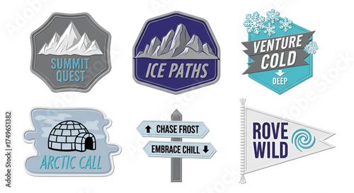 Winter adventure badges, vector graphic set for outdoor exploration use