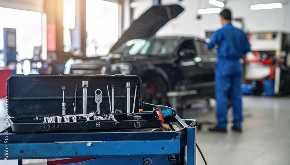 Obraz premium Mechanic working on a car in a garage with tools in the foreground.