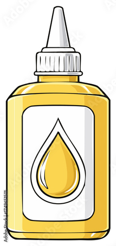 Cartoon style yellow bottle with a white dropper cap and liquid drop icon