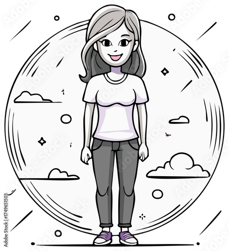 Smiling Woman in Casual Attire with Stylized Background Elements