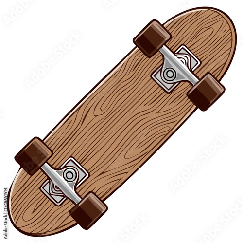Wooden skateboard illustration with wheels and metal hardware, skateboarding deck, extreme sport object, recreation