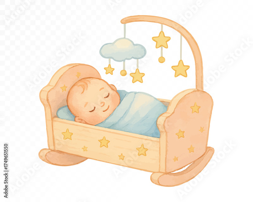 Watercolor baby boy sleeping peacefully in wooden cradle with hanging stars and cloud mobile, cozy pastel nursery art for newborn room or baby shower design. Vector illustration.