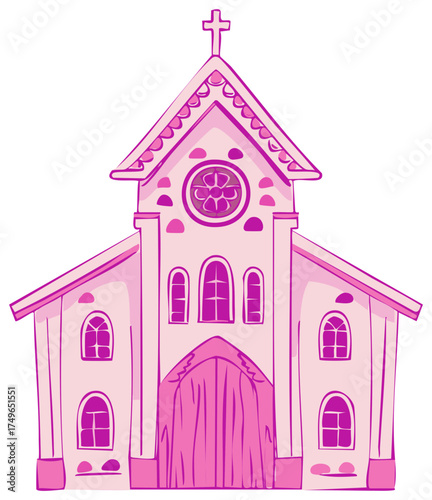 Whimsical Pink Church with Cross and Rose Window Illustration Against White Background