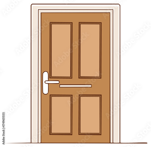 Simple illustration of a closed wooden front door with a handle and mail slot in a door frame