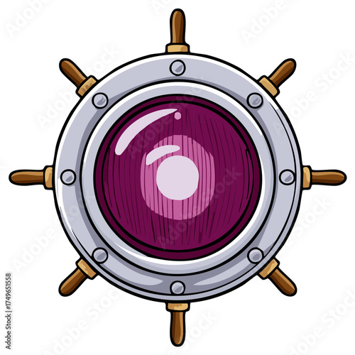 Cartoon Illustration of a Ship's Wheel with Porthole View, Purple color in Center