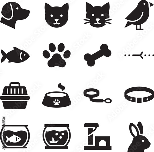 Pet Shop and Animal Care Icons - Veterinary and Domestic Animals Vector Set