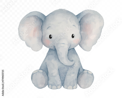 Sweet watercolor baby elephant sitting with big floppy ears, gentle pastel blue tones, adorable newborn animal illustration perfect for nursery wall art. Vector illustration.