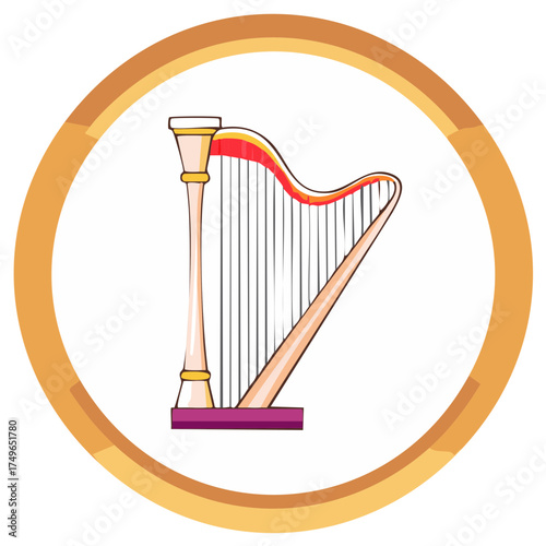Cartoon Harp Illustration with Gold Circle Frame Musical Instrument Design