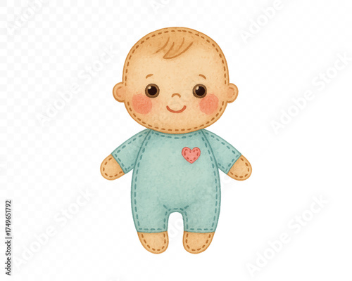 Cute watercolor felt baby doll in turquoise jumpsuit with pink heart, handmade stitched toy illustration perfect for nursery decor, baby shower and newborn art. Vector illustration.