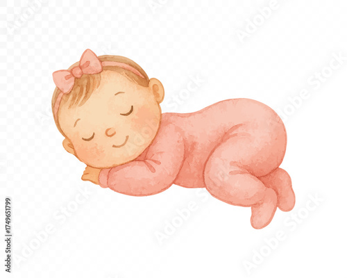 Sweet watercolor baby girl sleeping in pink onesie with bow, soft pastel newborn illustration perfect for nursery decor, baby shower and children’s room art. Vector illustration.