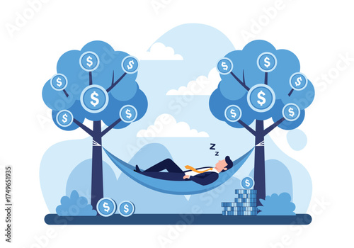 Businessman relaxing in a hammock tied between two money trees, symbolizing passive income and financial freedom.