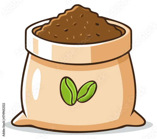 Stylized illustration of a burlap sack filled with roasted coffee beans, decorated with green coffee bean emblems