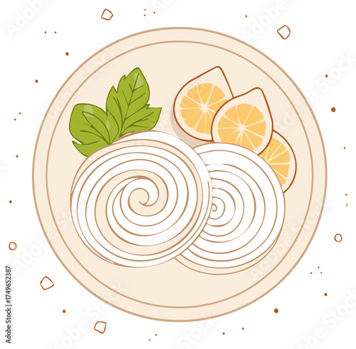 Dessert arrangement illustration with lemon slices and meringue on a plate
