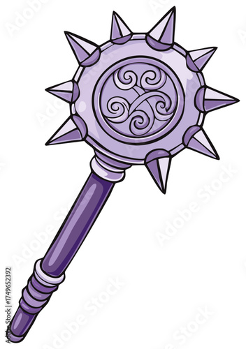 Cartoon illustration of a mace weapon with spikey head and celtic design