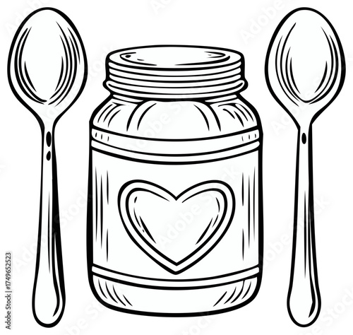 Hand drawn illustration of a baby food jar with a heart on the label next to two feeding spoons