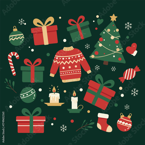 Christmas Element Set, Christmas Collection, Christmas icons, including Santa, reindeer, wreath, ornaments, and more holiday elements, perfect for seasonal designs and celebrations