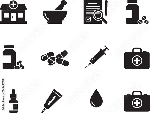 Pharmacy, Medical, and Healthcare Black Silhouette Icon Set