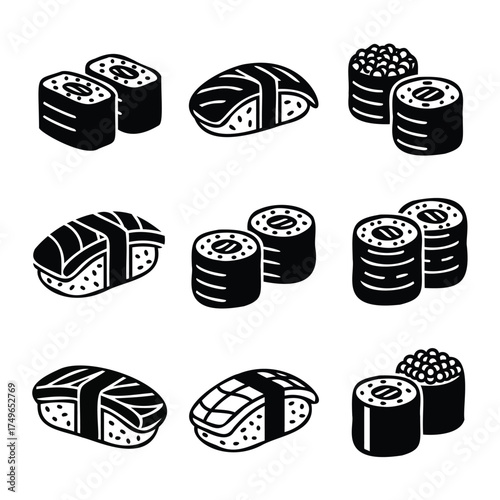 Sushi rolls and nigiri icons maki japanese food