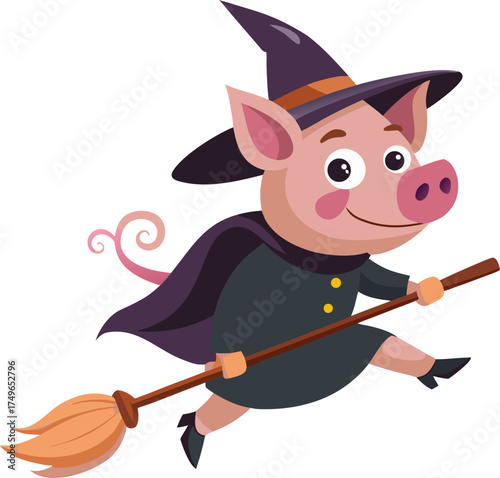   Pig dressed as witch flying on broomstick vector icon, white background