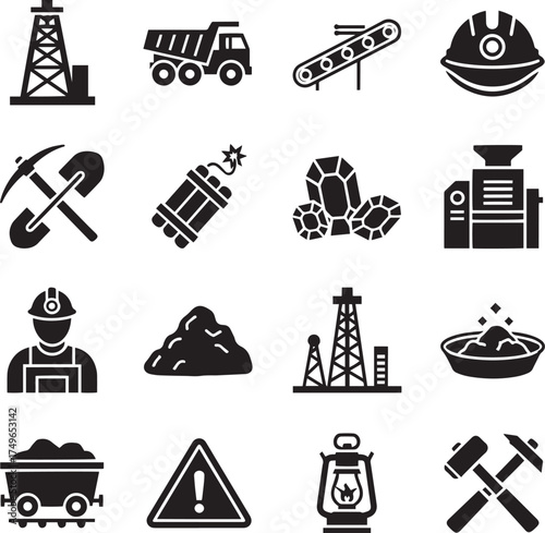 Mining, Quarry, and Geology Black Silhouette Icon Set"