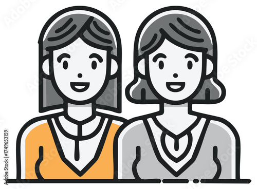 Two women smiling together in a friendly group portrait illustration.
