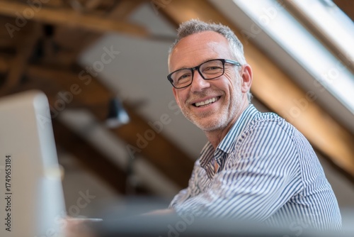 Smiling Mature Man Working in Modern Office with Natural Light.