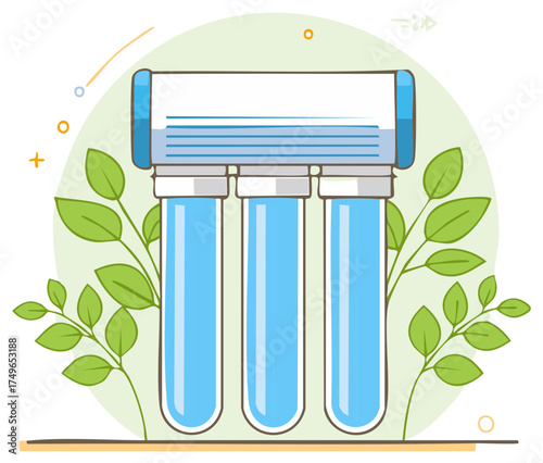 Eco friendly water purifier with three filters and natural green plant leaves