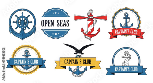 Nautical themed logo design, collection with anchor and captain elements