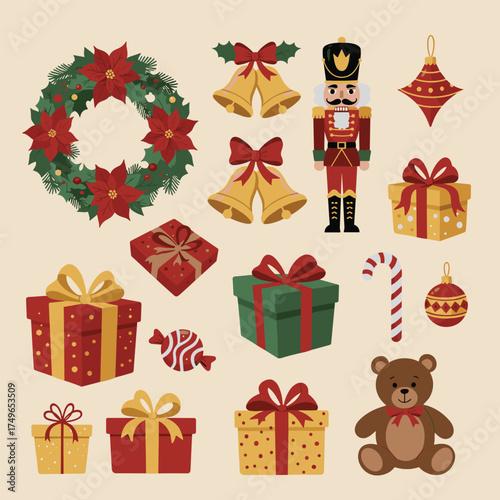 Christmas Element Set, Christmas Collection, Christmas icons, including Santa, reindeer, wreath, ornaments, and more holiday elements, perfect for seasonal designs and celebrations