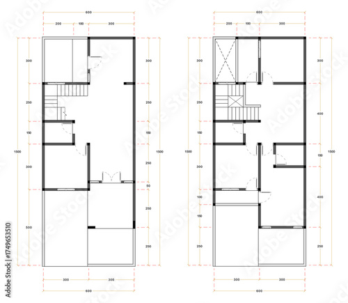Empty Black and White floor plan of a modern unfurnished house for your design. Suburban house vector blueprint. Architectural background.