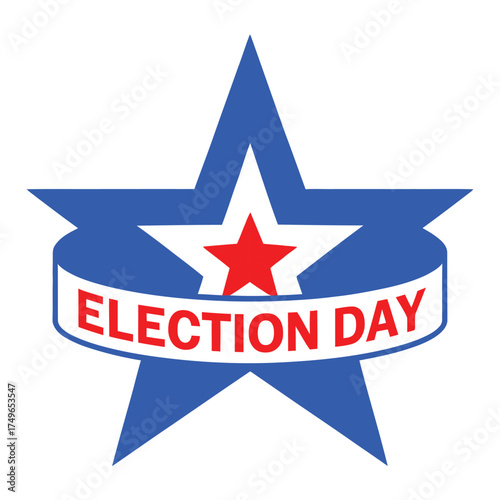 Election Day star emblem with red, white, and blue design, bold ribbon typography and layered patriotic symbols promoting civic participation