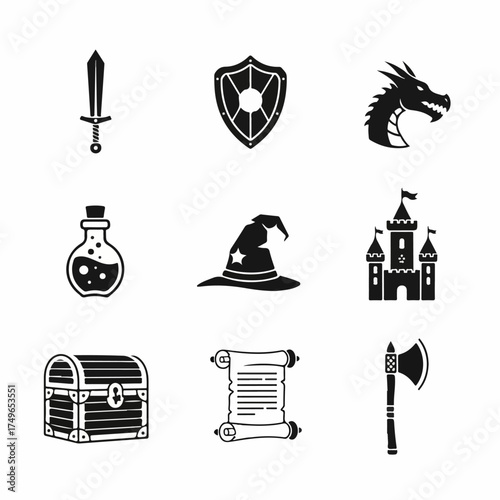 Black and white fantasy RPG icon set featuring medieval weapons, magical items, mythical creatures, and adventure elements like castle, treasure, and scroll for gaming designs.