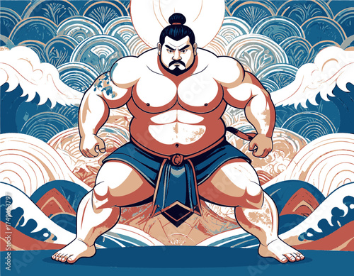 Bold Vector Design of a Sumo Wrestler with Ukiyo-e Inspired Background Motifs.

