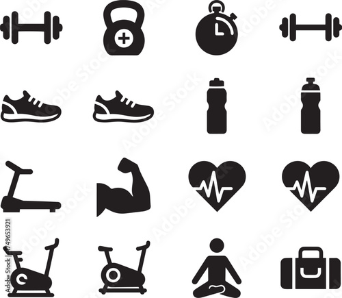 Fitness and Workout Gym Equipment Silhouette Icons