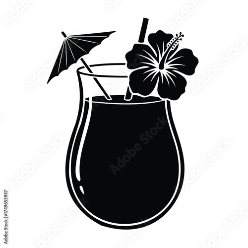 Tropical cocktail with hibiscus flower and umbrella