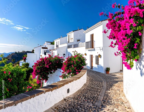 Vista panorámica de un pueblo blanco andaluz con calles empedradas, casas encaladas y buganvillas en flor, bajo un cielo azul brillante, estilo fotográfico realista, luz cálida de tarde