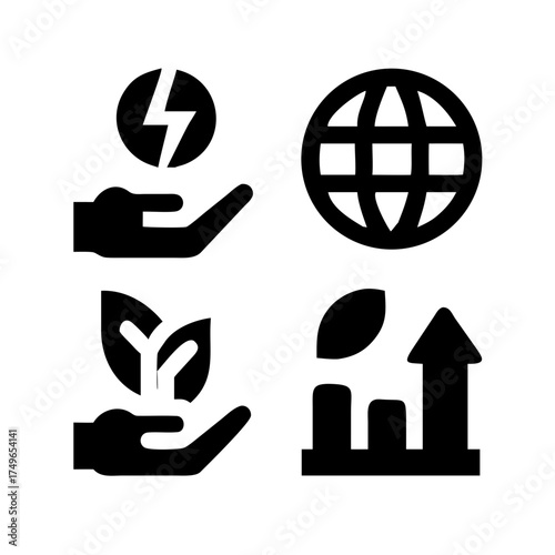 Icon set representing renewable energy, global awareness, and sustainable growth