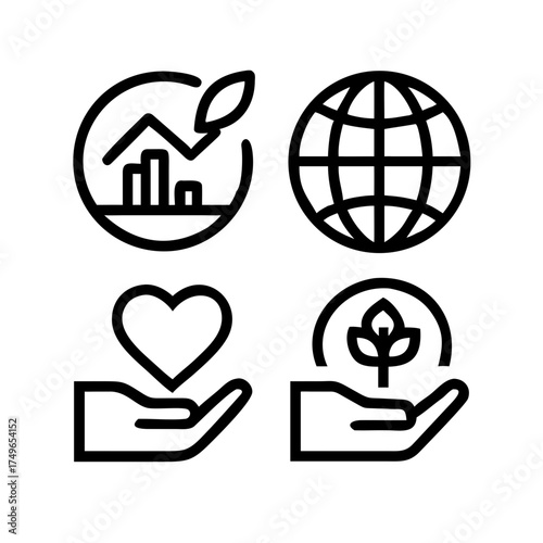 Icon set representing growth, sustainability, and global impact