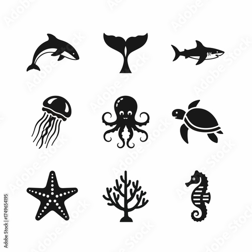 Monochrome vector icons of sea creatures and marine life, including dolphin, whale, shark, octopus, jellyfish, turtle, starfish, coral, and seahorse.