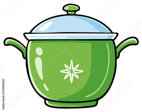 Cartoon green cooking pot with light blue lid and whimsical star design, kitchenware illustration