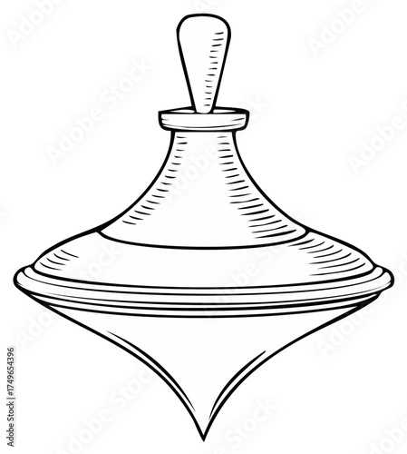 Sketchy Spinning Top Toy Illustration, Outline Vintage Gyro Plaything, Retro Child Game