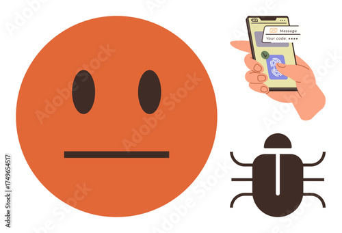 Neutral face emotion, hand using phone for code verification, and bug icon symbolizing security risks. Ideal for technology, vulnerability, data protection, authentication, emotions, online safety