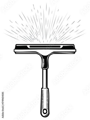 Vintage Squeegee Tool Cleaning Illustration with Bursting Sunlight Effects