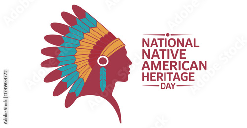 National Native American Heritage Day design with feathered headdress profile, bold typography, and cultural symbols honoring indigenous pride