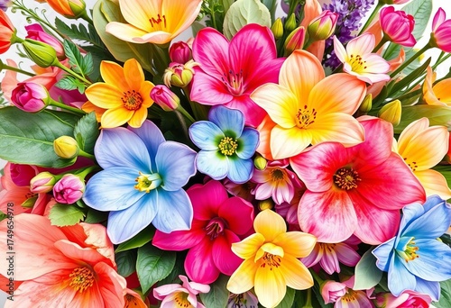 Vibrant watercolor blooms, leaves, and stems in a lush bouquet,  texture,  royalty-free