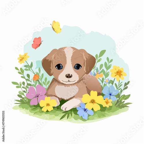 Welpe auf der Blumenwiese