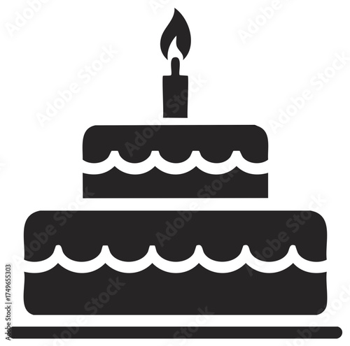 Layered Cake Celebration Icon with Single Burning Candle Graphic